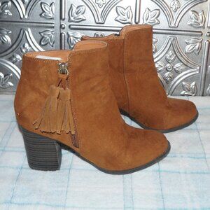 ESPRIT "Roberta" Size 8M Brown Faux Suede Zip Up With Tassels Block Boot Heels